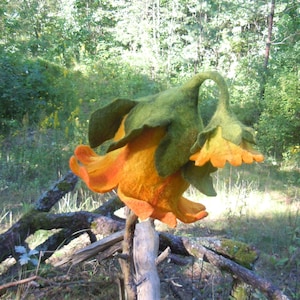 Felted Pixie Hat – Yellow Orange Bell Flower Hat – Handmade Elf Hat with Floral Tip – Fairy Costume Hat – Whimsical Wool Hat