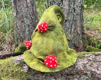 Green gnome hat with red mushrooms Witch hat with Fly amanita Wizard - Magic Hat  Fairy tale hat Mystery Hat  Fairy hat Pixie Elf Hat