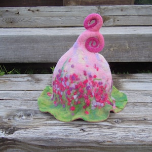 Pink floral hat Felt wool hat Sauna hat Pixie hat Elf hat Gnome hat