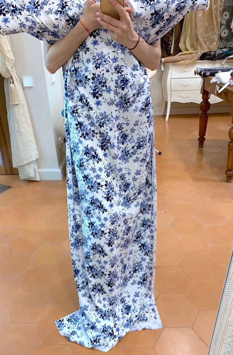 made in Italy Blue /& White Floral Fabric by 1 yard Large Flower Print 100/% Viscose Soft Cloth Material for Summer