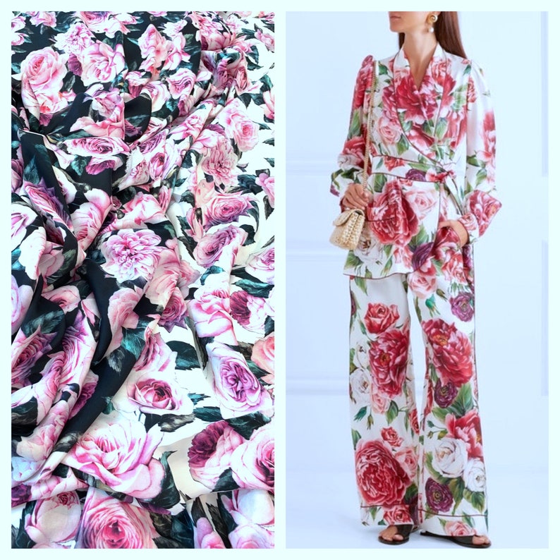 made in Italy Blue /& White Floral Fabric by 1 yard Large Flower Print 100/% Viscose Soft Cloth Material for Summer