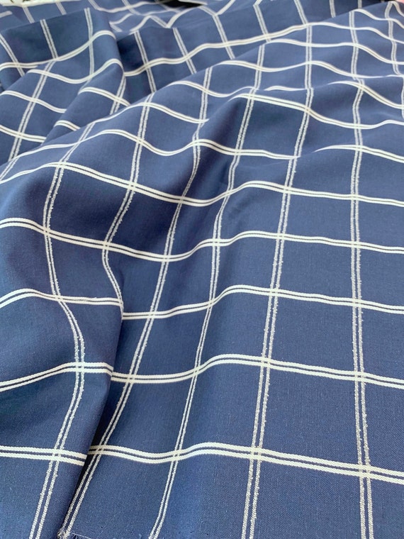 COTTON LINEN Fabric Blue and White Windowpane Check made in | Etsy