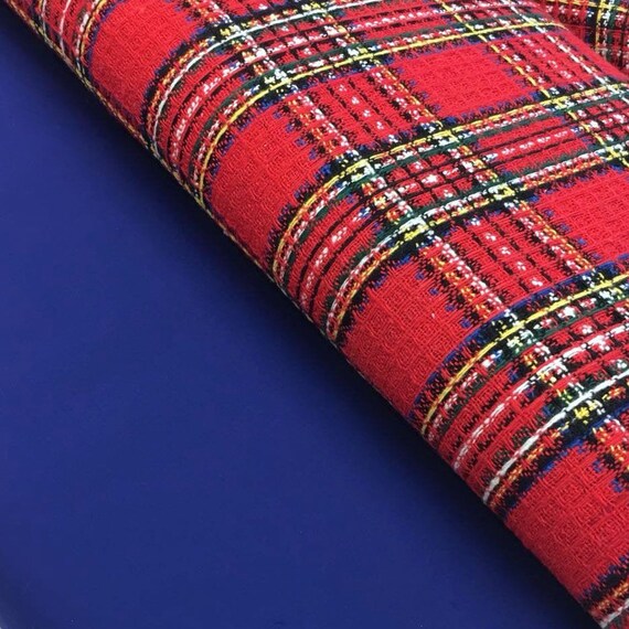 Red Plaid Fabric 100 Wool Tweed Black White Yellow Check Etsy