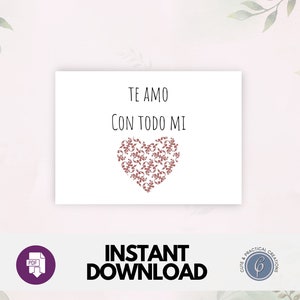 Te Amo con Todo Mi Corazón; スペイン語のビクトリア朝スタイルのハート型グリーティングカード; 簡単にデジタルダウンロードして印刷できる PDF A7; 7 x 5 インチ; 愛; ロマンチック