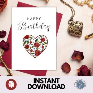 Feliz cumpleaños - dibujo Corazón con Rosas Rojas - Tarjeta de Felicitación – Descarga inmediata –5 x 7 pulgadas -Tarjeta imprimible