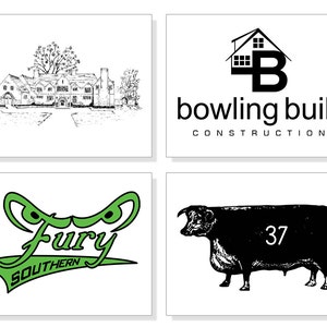 May include: Four images on white backgrounds. Top left: a black and white sketch of a large house. Top right: a black logo with a house and the text "bowling built CONSTRUCTION". Bottom left: a green logo with the text "Fury SOUTHERN". Bottom right: a black silhouette of a bull with the number 37.