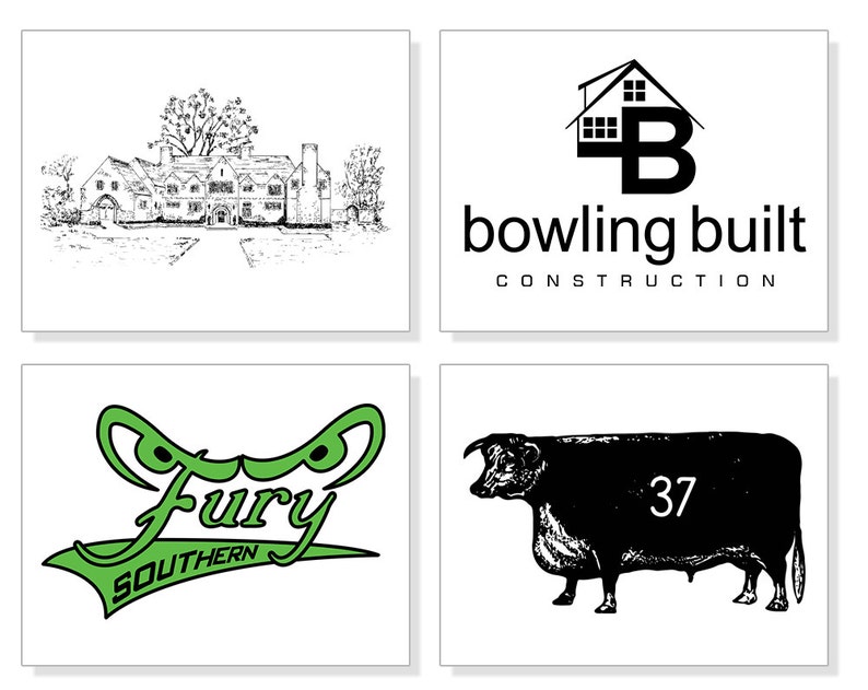 May include: Four images on white backgrounds. Top left: a black and white sketch of a large house. Top right: a black logo with a house and the text "bowling built CONSTRUCTION". Bottom left: a green logo with the text "Fury SOUTHERN". Bottom right: a black silhouette of a bull with the number 37.