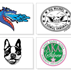 May include: Four graphic designs on white backgrounds. A blue dragon breathing blue flames, a black and white design with text "BIG MAJORS EXUMAS BAHAMAS", a black and white French Bulldog, and a pink and green design with "ALPHA KAPPA ALPHA AKA Silver".