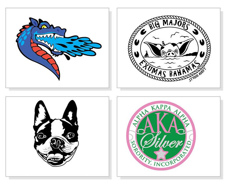 May include: Four graphic designs on white backgrounds. A blue dragon breathing blue flames, a black and white design with text "BIG MAJORS EXUMAS BAHAMAS", a black and white French Bulldog, and a pink and green design with "ALPHA KAPPA ALPHA AKA Silver".