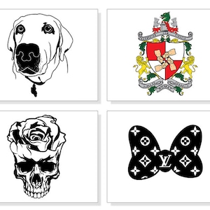 May include: Four white rectangular cards with black and white illustrations. The images include a dog's face, a coat of arms, a skull with a rose, and a bow tie with a repeating pattern and a logo.