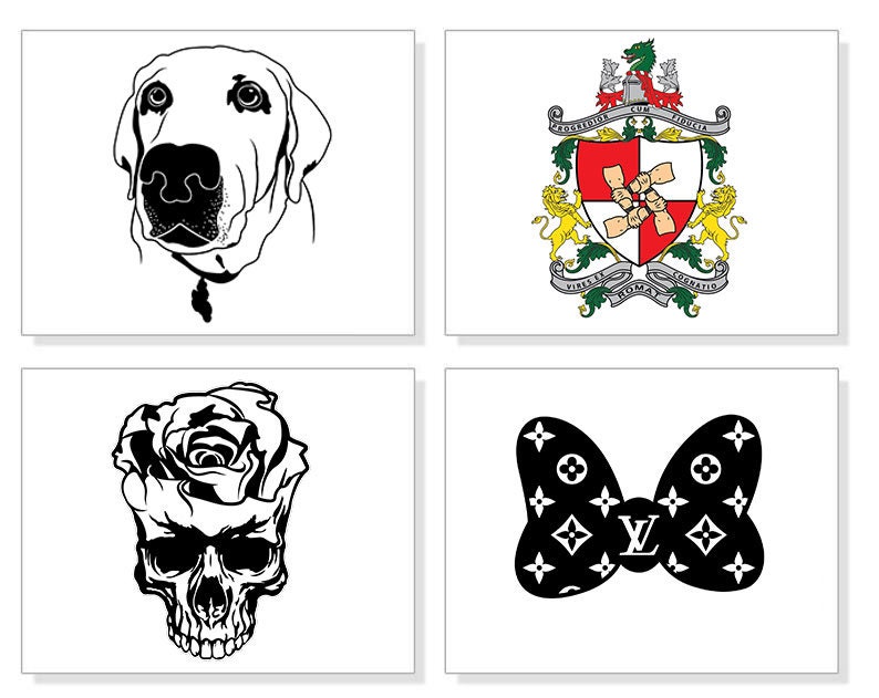 May include: Four white rectangular cards with black and white illustrations. The images include a dog's face, a coat of arms, a skull with a rose, and a bow tie with a repeating pattern and a logo.