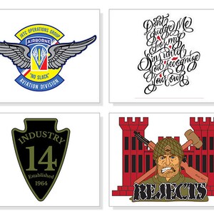 May include: Four square images with military-themed designs. One features a badge with wings and text: "IRTC OPERATIONS GROUP AIRBORNE NO SLACK AVIATION DIVISION." Another has cursive text: "Don't Judge Me For My Sins Until You Recognize Your Own." The third is a black and green arrowhead with "INDUSTRY 14 Established 1964." The last shows a soldier with the word "REJECTS."