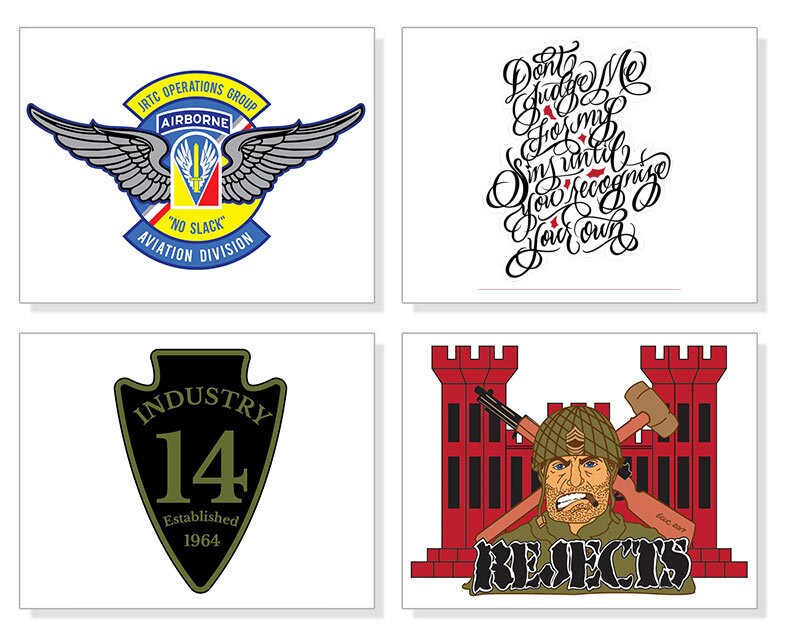 May include: Four square images with military-themed designs. One features a badge with wings and text: "IRTC OPERATIONS GROUP AIRBORNE NO SLACK AVIATION DIVISION." Another has cursive text: "Don't Judge Me For My Sins Until You Recognize Your Own." The third is a black and green arrowhead with "INDUSTRY 14 Established 1964." The last shows a soldier with the word "REJECTS."