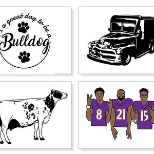 May include: A collection of four illustrations. Top left: a circular design with the text "It's a great day to be a Bulldog" and paw prints. Top right: a black vintage delivery truck. Bottom left: a black and white cow. Bottom right: three football players in purple jerseys.