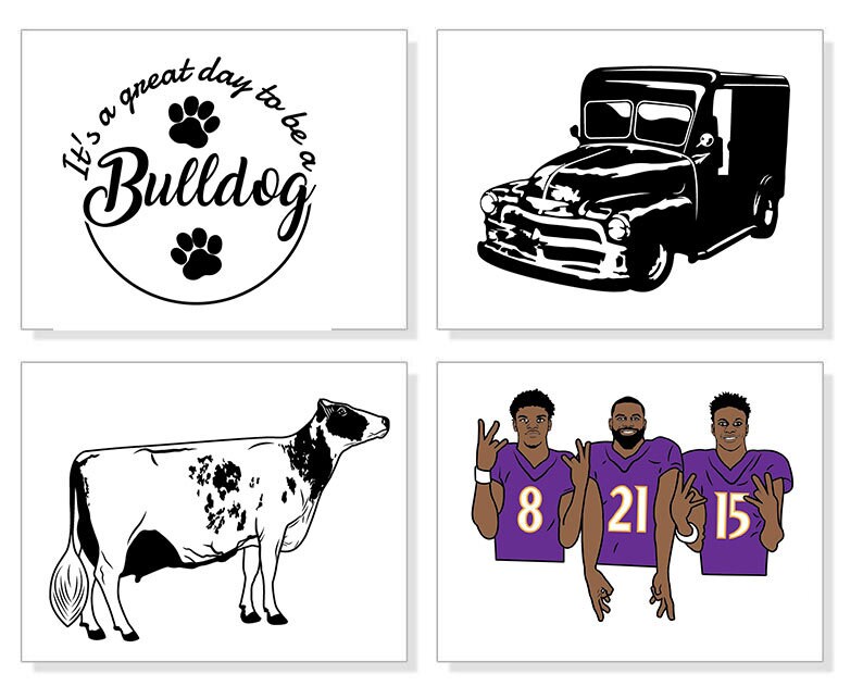 May include: A collection of four illustrations. Top left: a circular design with the text "It's a great day to be a Bulldog" and paw prints. Top right: a black vintage delivery truck. Bottom left: a black and white cow. Bottom right: three football players in purple jerseys.