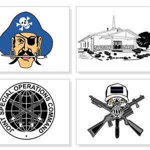 May include: Four square images on a white background. The images include a cartoon pirate with a blue hat, a black and white drawing of a church, a Joint Special Operations Command emblem, and a skull with crossed rifles.