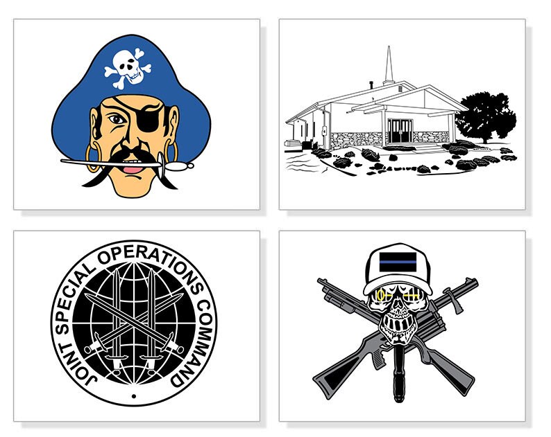 May include: Four square images on a white background. The images include a cartoon pirate with a blue hat, a black and white drawing of a church, a Joint Special Operations Command emblem, and a skull with crossed rifles.