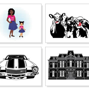 May include: Four square art prints. Top left: Illustration of a woman and a girl wearing matching outfits. Top right: Black and white illustration of three cows. Bottom left: Black and white illustration of a classic car. Bottom right: Black and white illustration of a large building.