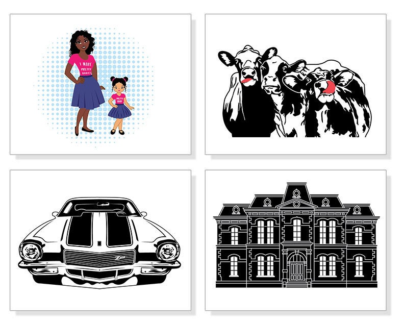 May include: Four square art prints. Top left: Illustration of a woman and a girl wearing matching outfits. Top right: Black and white illustration of three cows. Bottom left: Black and white illustration of a classic car. Bottom right: Black and white illustration of a large building.