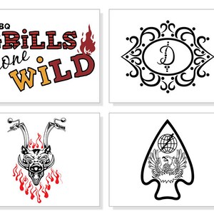 May include: Four designs on white backgrounds. The top left design reads "BBQ GRILLS gone WILD" in red, black, and yellow. The top right design is a black ornate frame with a letter "D". The bottom left design is a motorcycle with flames. The bottom right design is an arrowhead with an eagle.