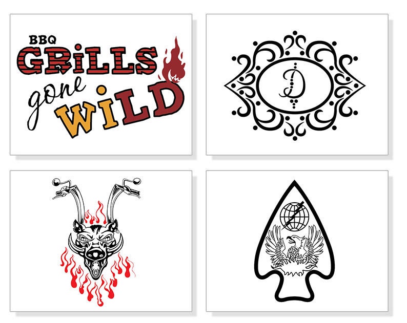 May include: Four designs on white backgrounds. The top left design reads "BBQ GRILLS gone WILD" in red, black, and yellow. The top right design is a black ornate frame with a letter "D". The bottom left design is a motorcycle with flames. The bottom right design is an arrowhead with an eagle.