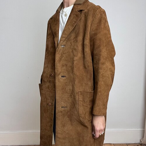 Shops Vintage Brown Suede Jacket, 1990s Minimalist Mid Length Suede Jacket, Women’s Suede Duster Jacket