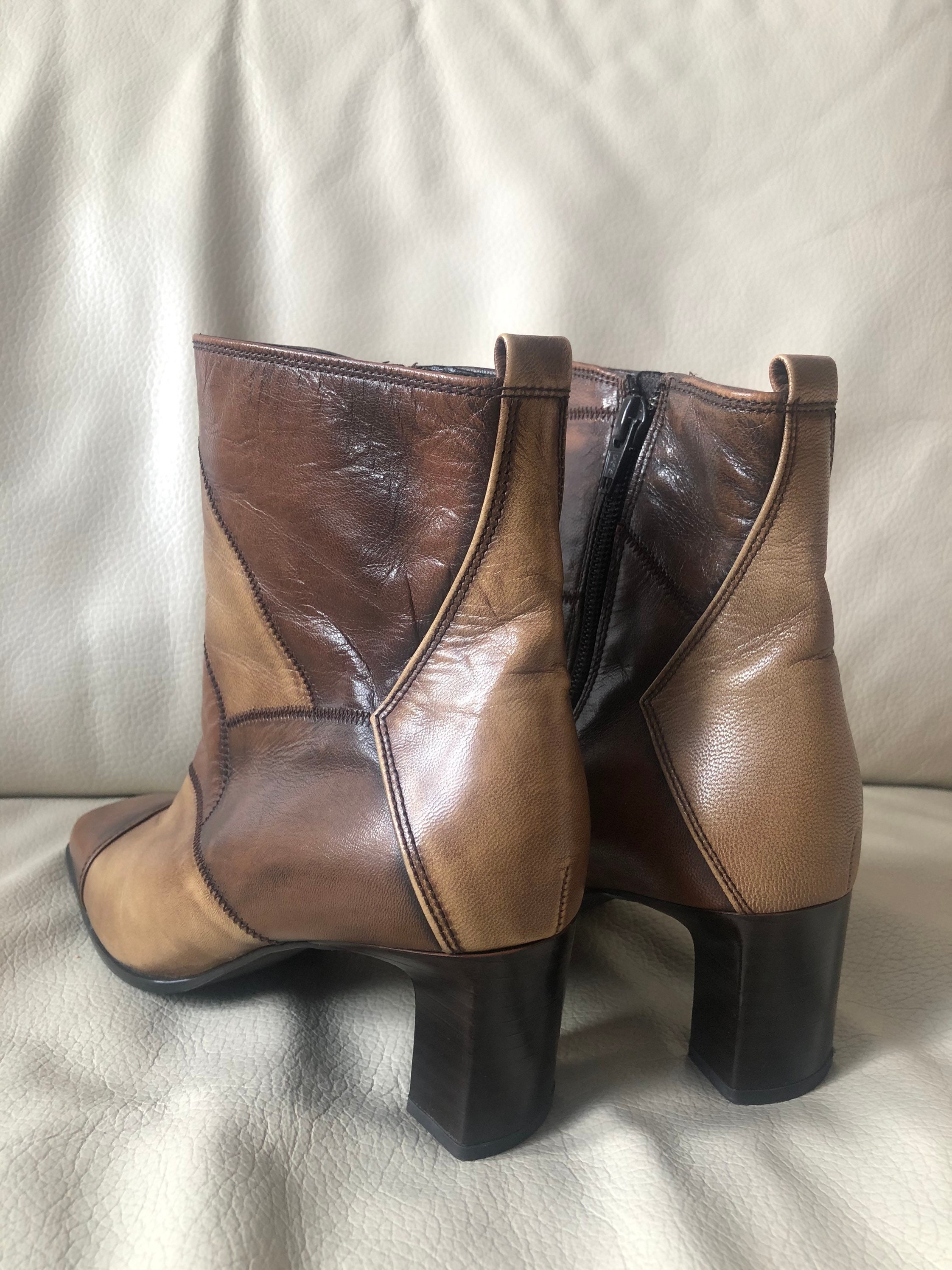 brown patchwork platform boots