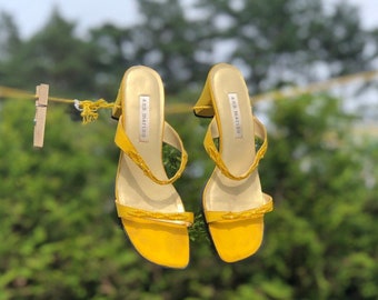 Vintage Yellow Satin Slide On Heels, Yellow Two Strap Sling Ons, Vintage Beaded Sandals, Wedding Sandals, Festive Sandals, 90s Y2K Shoes