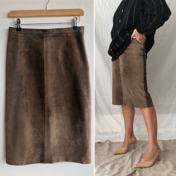 Brown Suede Pencil Midi Skirt