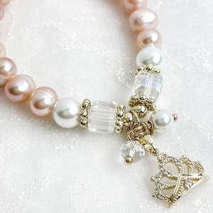 Pink Natural Pearl Beaded Bracelet - Pink Pearl Stretch Bracelet - Princess Crown Charm Bracelet