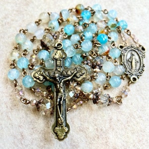 Aquamarine Agate Rosary - Tourmaline Rosary -  Bronze Rosary - Antique Rosary - Heirloom Rosary