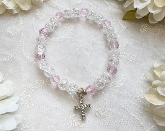 Girls Pink and Crystal Rhinestone Cross Bracelet - Crackled Glass and Pink Stretch Bracelet - Crystal Beaded Bracelet for Girls