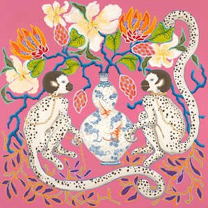 ART PRINT Botanical monkeys on pink