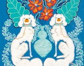 ART PRINT White Staffordshire dogs on blue and aqua