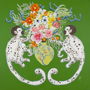 ART PRINT Monkeys on green with bouquet by Paige Gemmel