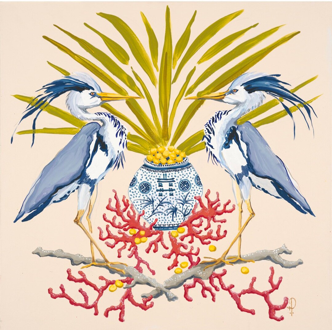 ART PRINT Blue Herons, Ginger Jar and Coral Etsy