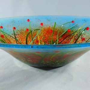 poppy scene large bowl in fused glass, lovely on display or as a fruit bowl.