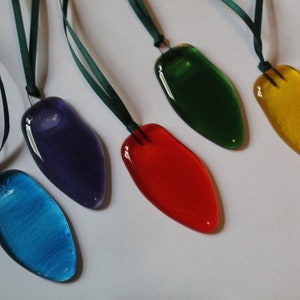 Christmas tree decorations in fused glass. light bulb shape.Set of 5 in orange, yellow,green,blue and purple