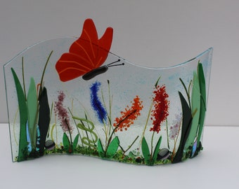 colourful butterfly or Dragonfly scene in fused glass. Free standing unique handmade creation choose your butterfly colour  MTO