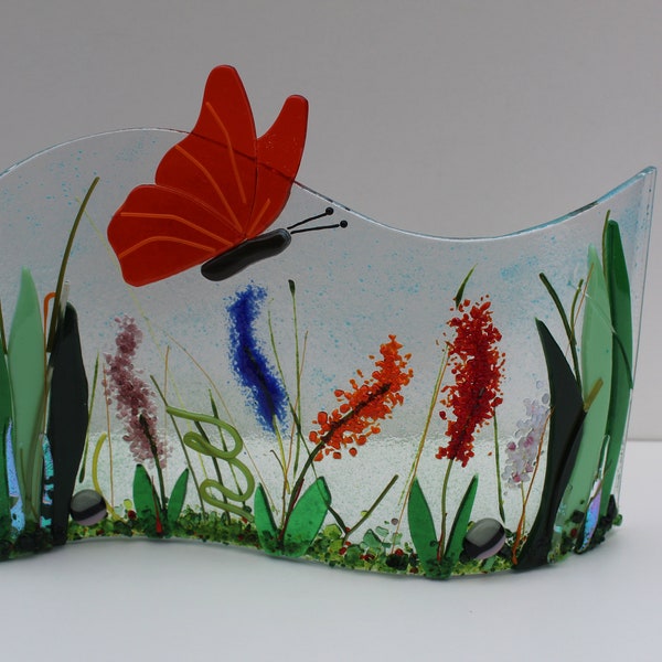 colourful butterfly or Dragonfly scene in fused glass. Free standing unique handmade creation choose your butterfly colour  MTO