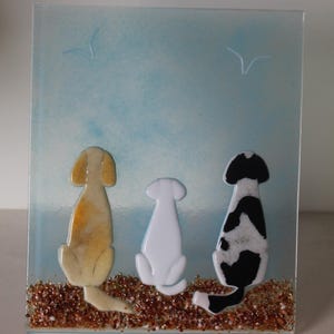 Personalised dog beach scene  &#39;your dog&#39;  made in fused glass freestanding or hanging lovely gift Made to order.