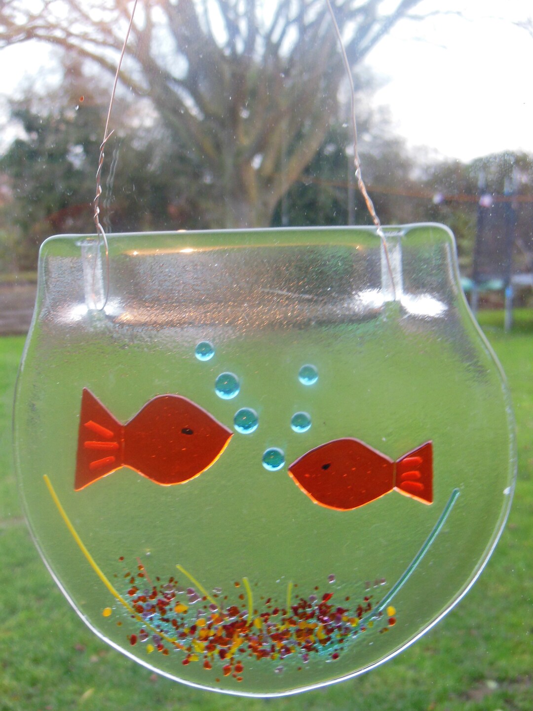 View of Fused Glass Goldfish Suncatcher: Colorful Fish Bowl Art - Etsy