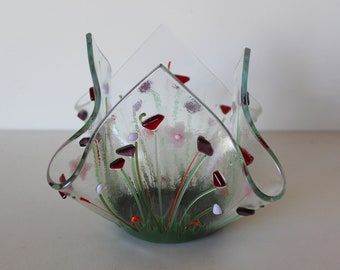 vase, bowl or candle holder. Floral fused glass 'Hanky' design handmade