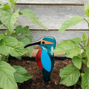 Fused Glass Kingfisher Garden Art - Handmade Copper Plant Pot Decoration / weatherproof opaque wing