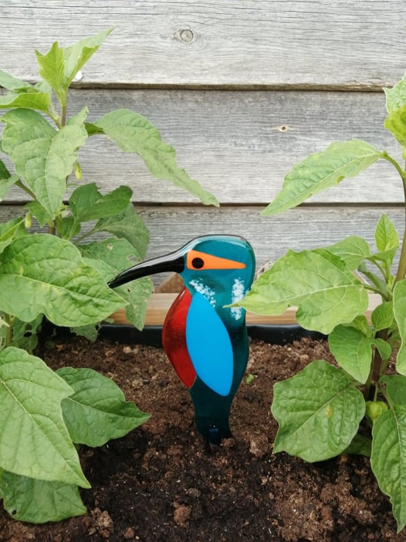 Fused Glass Kingfisher Garden Art - Handmade Copper Plant Pot Decoration / weatherproof opaque wing