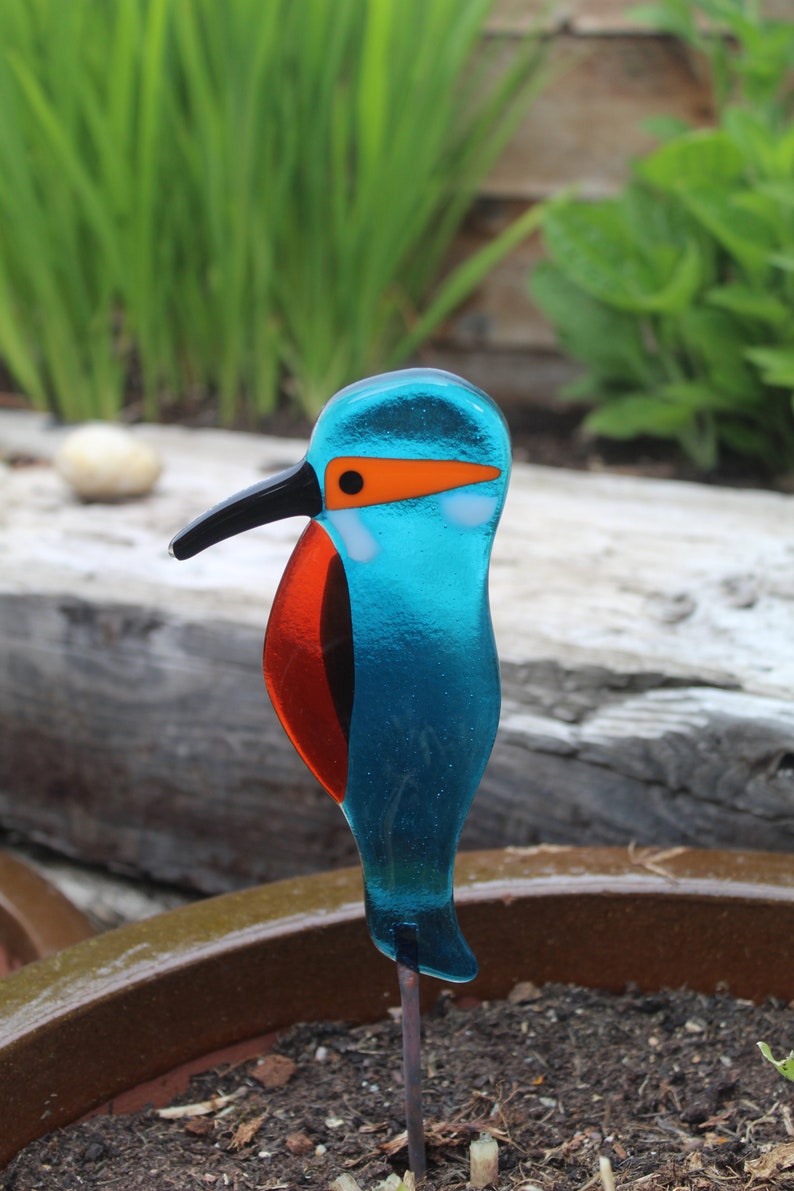 Fused Glass Kingfisher Garden Art - Handmade Copper Plant Pot Decoration / weatherproof image 4