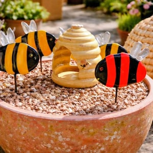 Fused Glass Bee Garden Art: Handmade Copper Rod Plant Pot Decor/weather proof