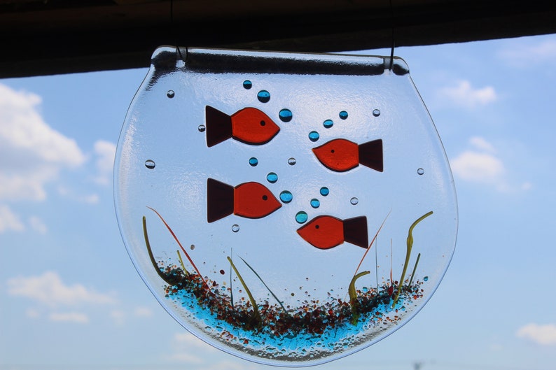 a pair of kissing fish and a large bowl of 4 fish lovely gift MADE TO ORDER fish in a bowl made in fused glass for hanging suncatcher