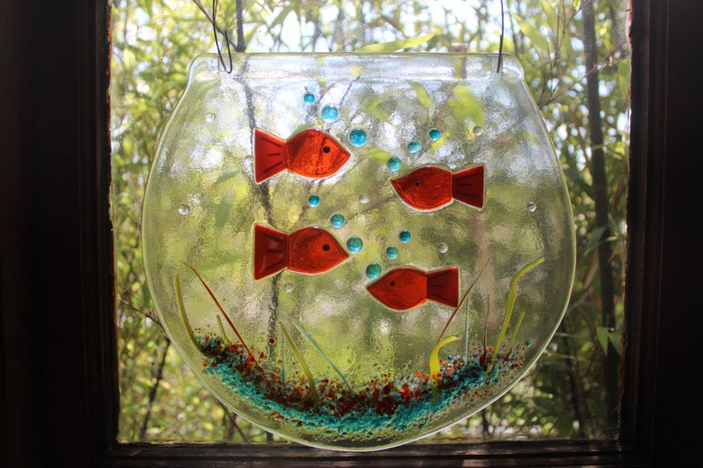 a pair of kissing fish and a large bowl of 4 fish lovely gift MADE TO ORDER fish in a bowl made in fused glass for hanging suncatcher