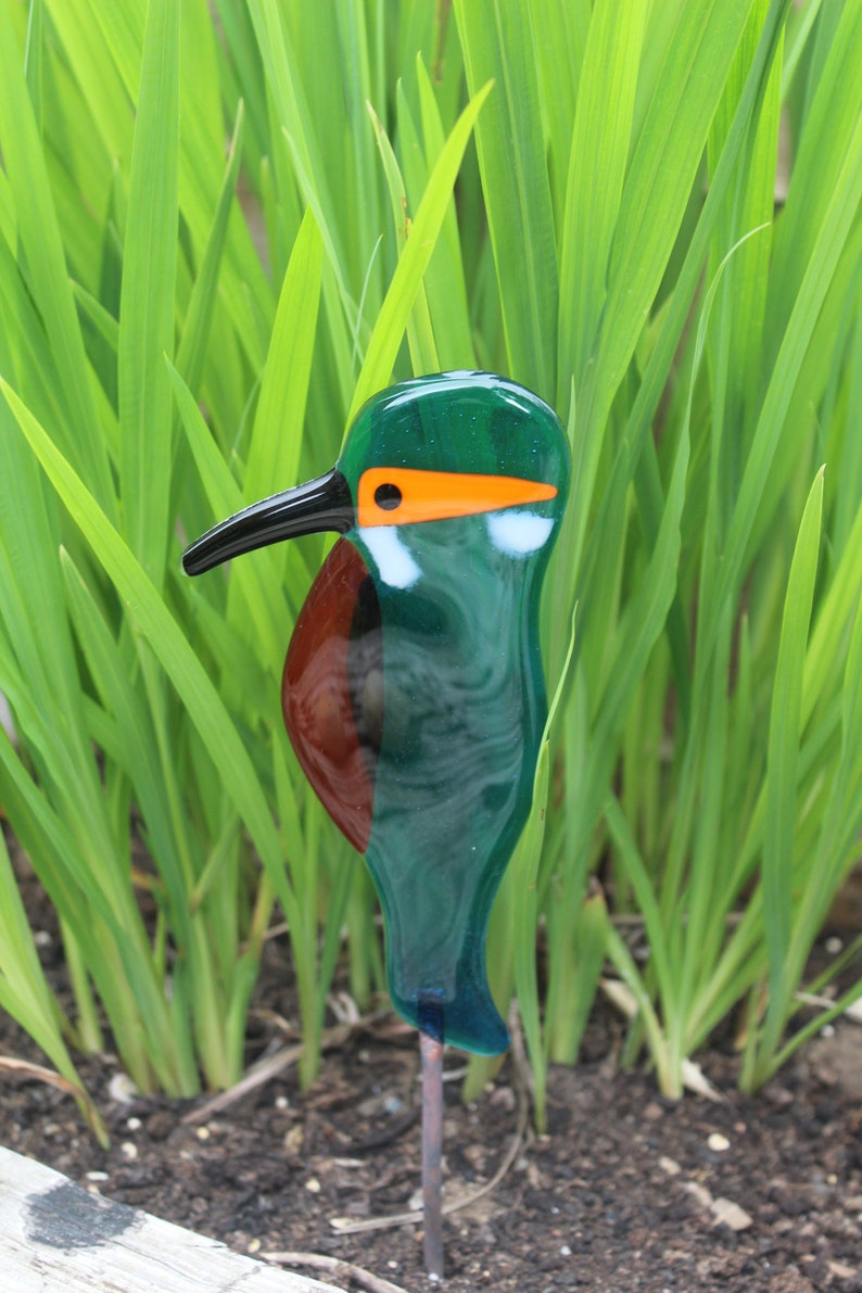 Fused Glass Kingfisher Garden Art - Handmade Copper Plant Pot Decoration / weatherproof image 2